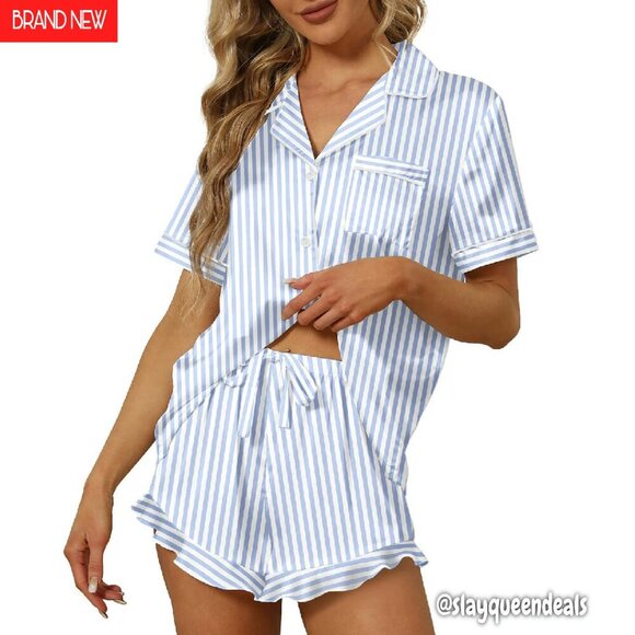 Other - Satin Silk Pajama Set Short Sleeve Shorts Ruffle Collar Sleepwear Loungewear